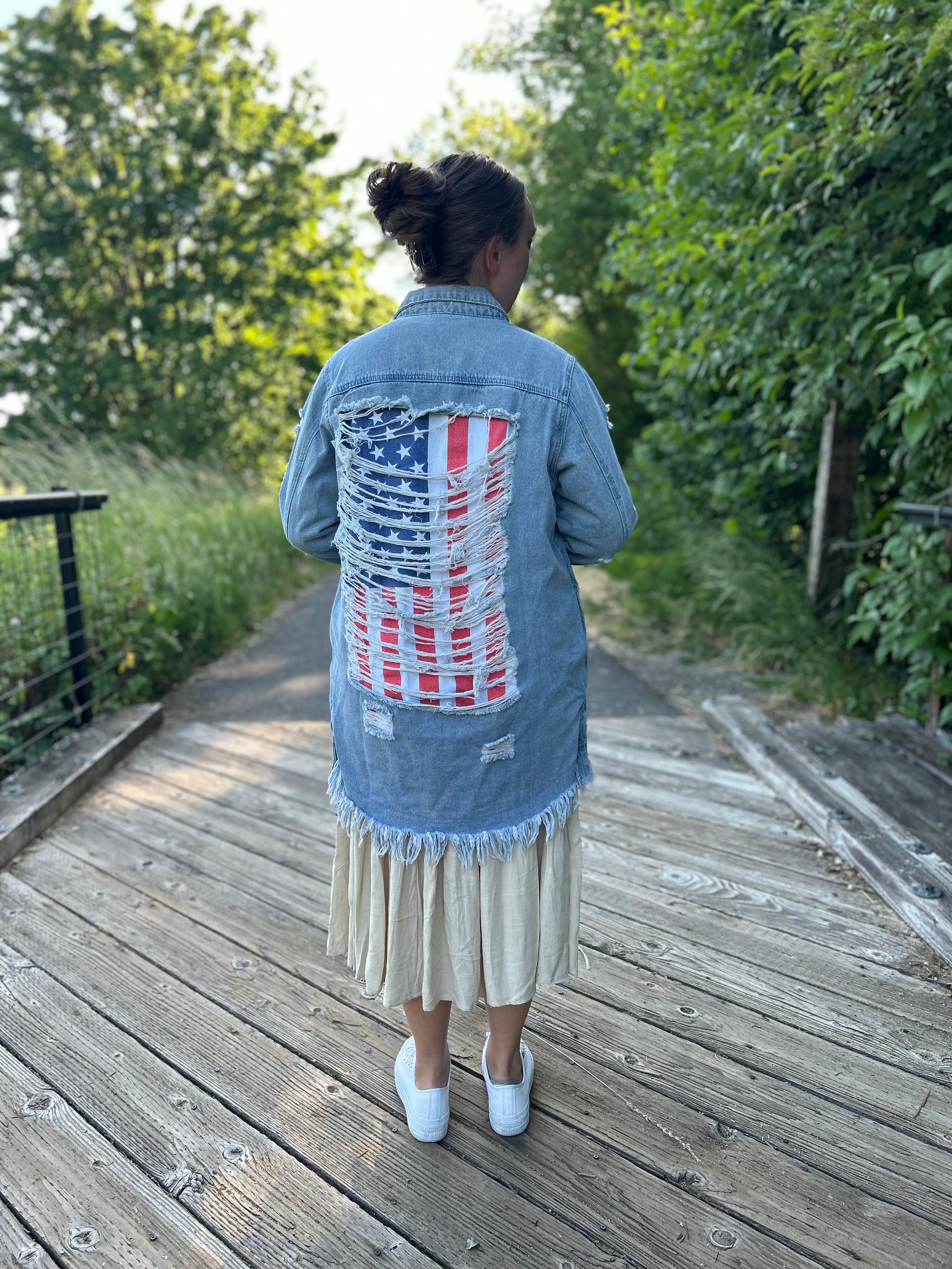 American Flag Long Distressed Denim Jacket